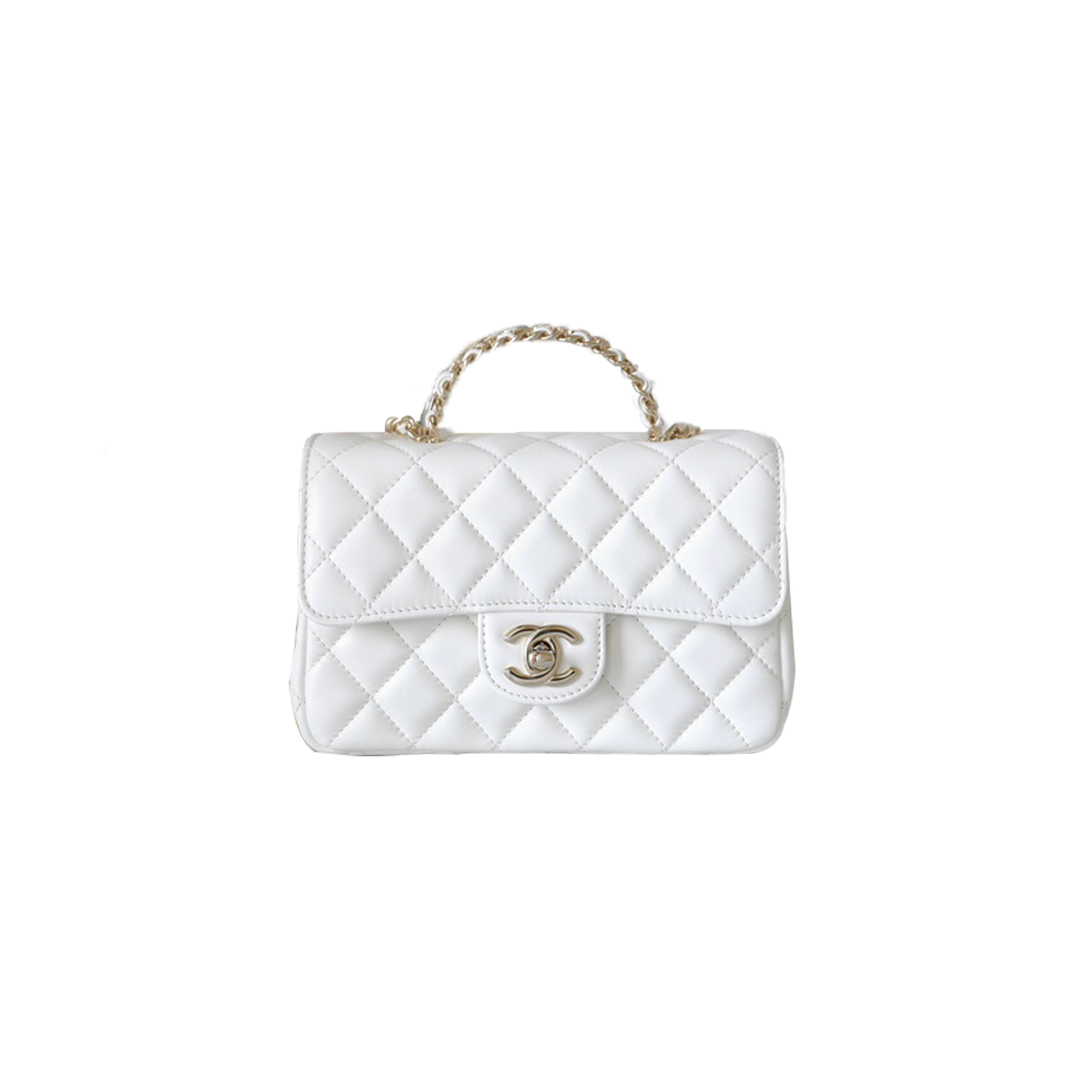 Ch*el master white quilted calfskin top handle flap bag aged gold hardware as4140 (18*11.5*6.5cm)